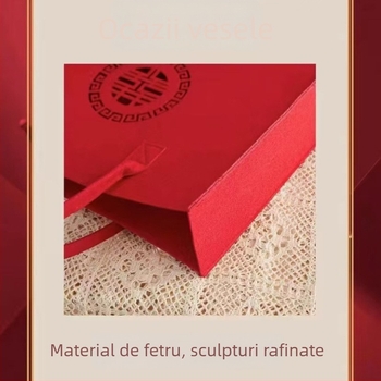 Geantă roșie de nuntă din fetru, cu motiv fericire dublă, capacitate mare, geantă cadou cu mâner de purtare