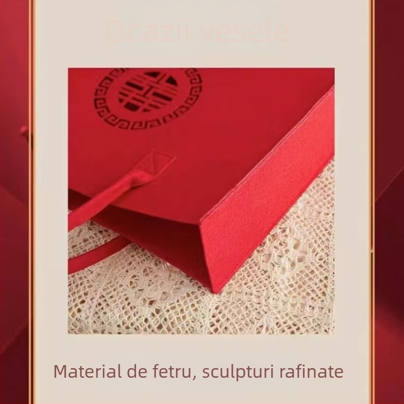 Geantă roșie de nuntă din fetru, cu motiv fericire dublă, capacitate mare, geantă cadou cu mâner de purtare