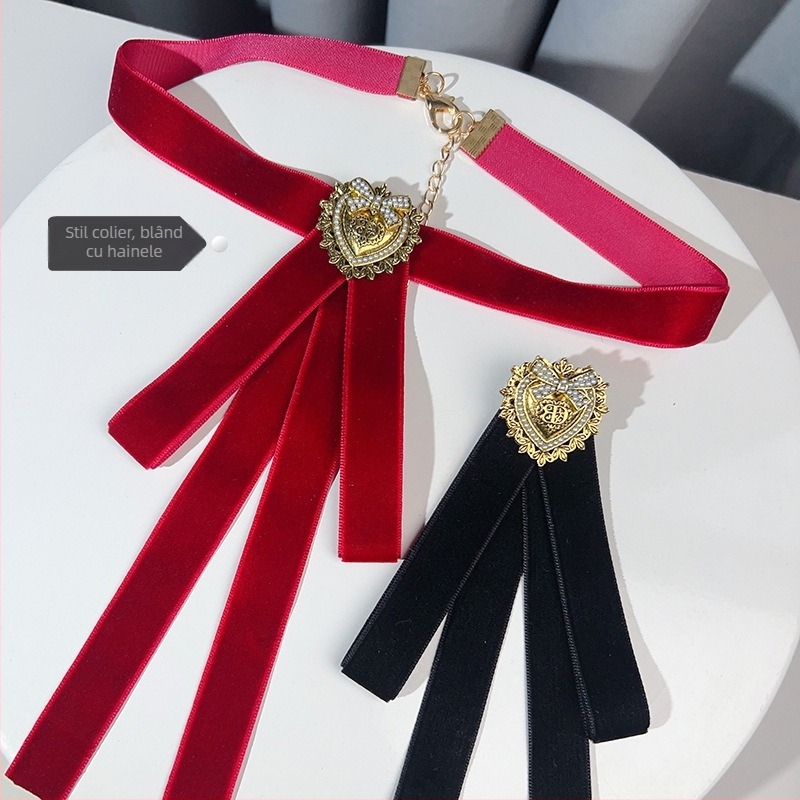 Papion din catifea în stil coreean, lanț, culoare burgundie, inimă cu perle, accesoriu pentru cămașă