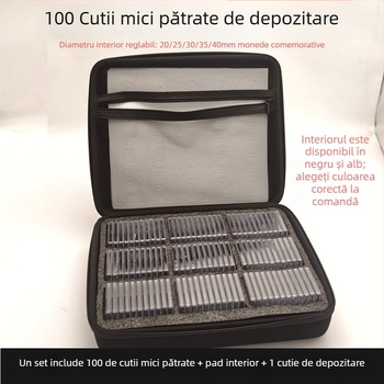 Set de 100 cutii mici pătrate pentru monede, cu pernă interioară reglabilă pentru 40 de monede, cutie de protecție pentru monede cu fermoar