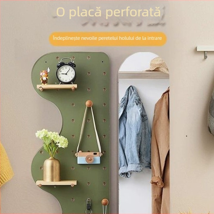 Raft de depozitare din lemn masiv cu placă perforată pe mai multe niveluri, bibliotecă de perete din lemn, separator de depozitare, panou de agățat pentru perete, design modern minimalist