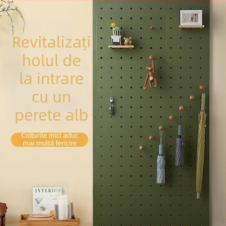 Raft de depozitare din lemn masiv cu placă perforată pe mai multe niveluri, bibliotecă de perete din lemn, separator de depozitare, panou de agățat pentru perete, design modern minimalist