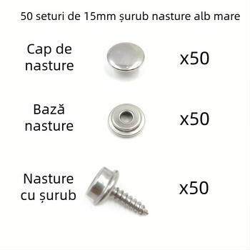 50 seturi de accesorii din oțel inoxidabil pentru nasturi 15 mm, cu catarame albe mari, pentru fixarea prelate, potrivite pentru corturi, perdele și nave