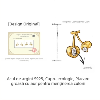 Cercei dama cu motiv cireș, textură sablată, placare cu aur 18K, tijă din argint 925, elegante și moderne