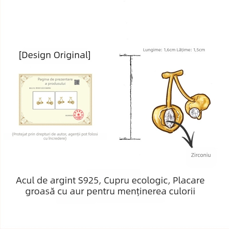 Cercei dama cu motiv cireș, textură sablată, placare cu aur 18K, tijă din argint 925, elegante și moderne
