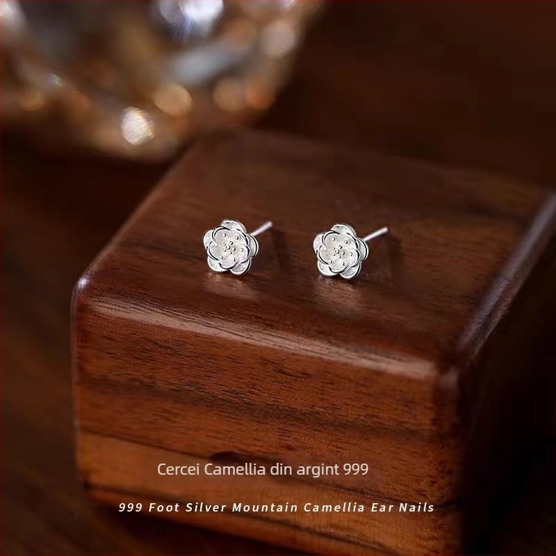 Cercei cu floare de camelia din argint 999 pentru femei, lux ușor, de înaltă calitate, design floral minimalist, eleganți