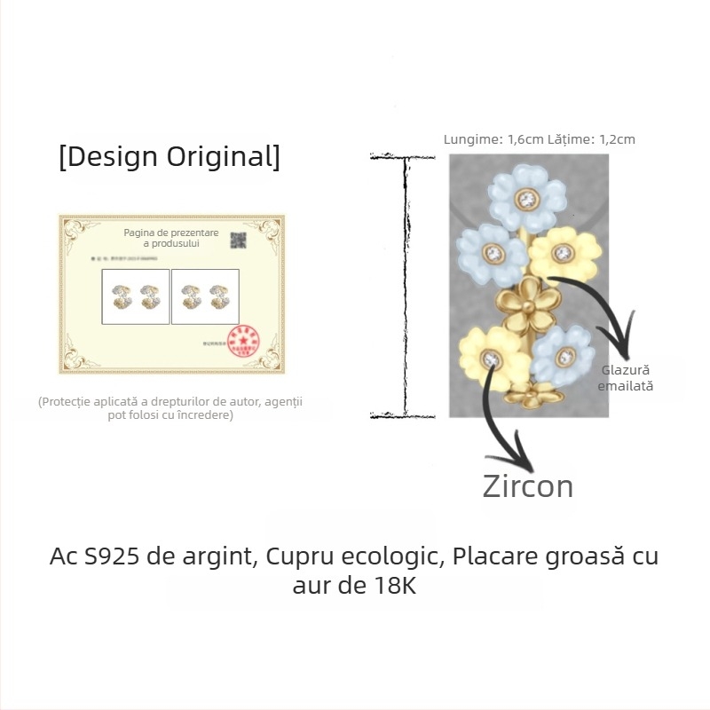 Cercei florali placare 18K cu email, zircon, tehnică glazură drip, proaspeți și eleganți bijuterii pentru femei
