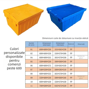 Cutie de transport din plastic cu capac, construcție întărită, pentru logistică și transfer de produse alimentare proaspete, mare, albastră.