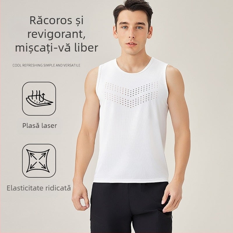 Vesta sport masculină de vară, tricot subțire din plasă respirabil, albă, fără mâneci, cu umeri lati
