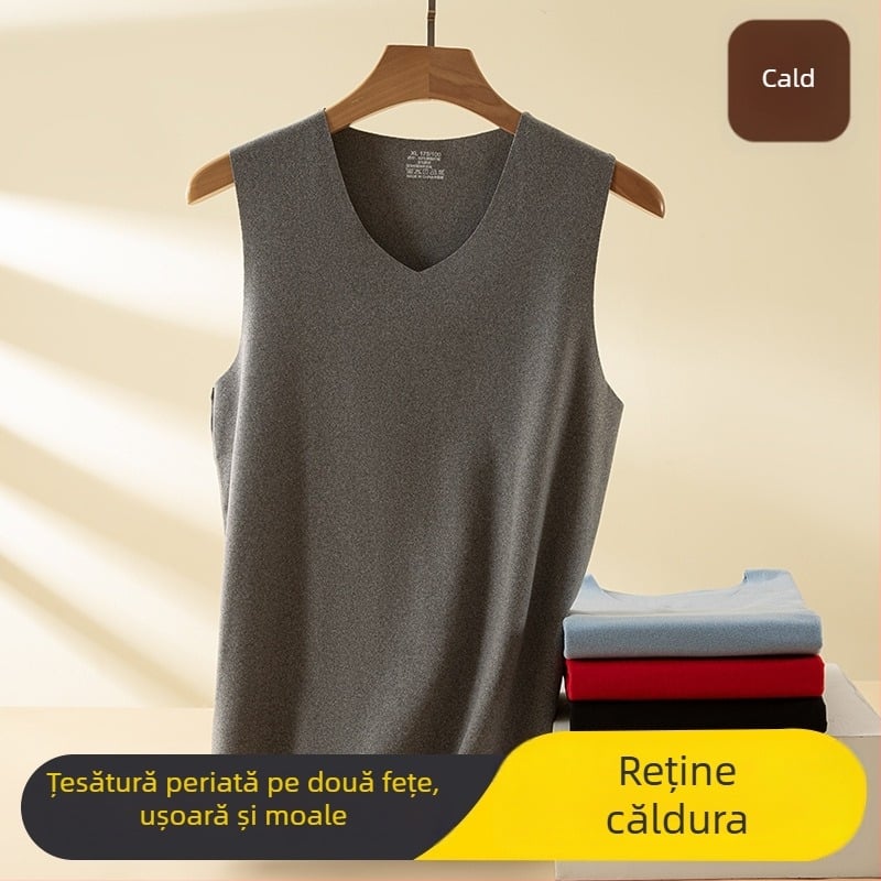 Vesta caldă fără cusături pentru bărbați și femei, croială adaptabilă, căptușeală din fleece dublu strat, poliester 90–95%, decolteu în V, stil pulover