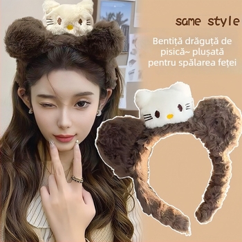 Bandă de păr din pluș cu urechi de pisică pentru femei, stil toamnă–iarna, pentru curățarea feței și machiaj, accesoriu de păr desen animat
