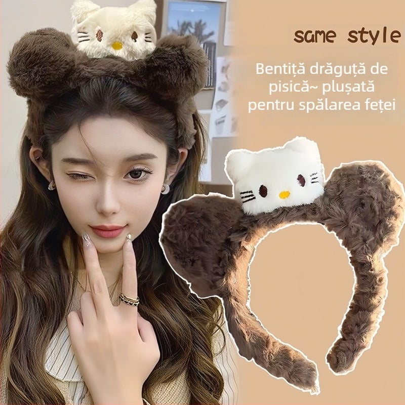 Bandă de păr din pluș cu urechi de pisică pentru femei, stil toamnă–iarna, pentru curățarea feței și machiaj, accesoriu de păr desen animat
