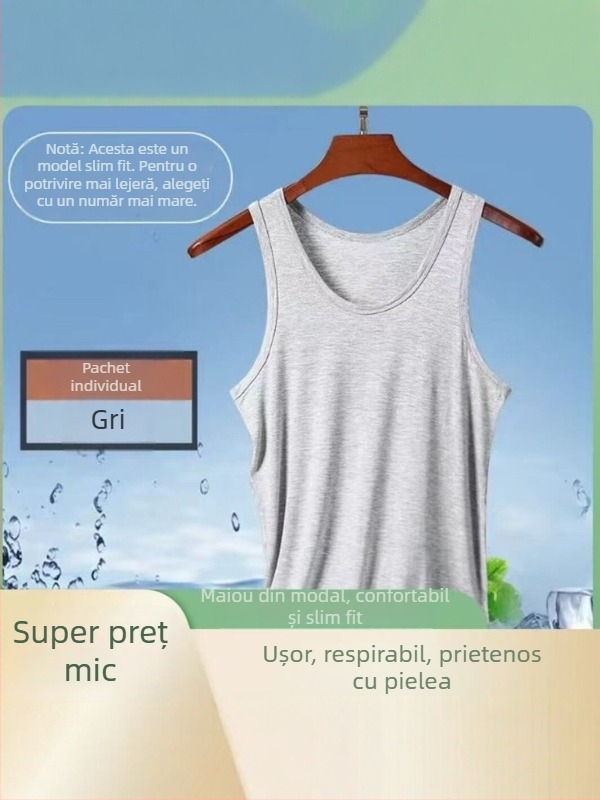 Top bărbătesc din modal, fără mâneci, subțire, respirabil pentru vară, fitness, culoare solidă, guler rotund