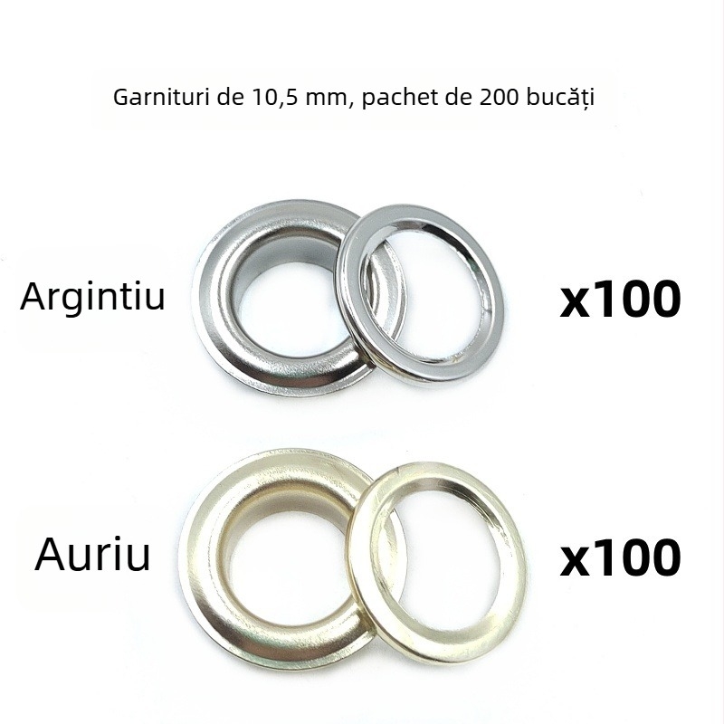 200 seturi de eyelets metalice 10,5 mm, aurii și argintii, set cu clește de presiune manual pentru pantofi, genți, pălării, curele, corturi și altele