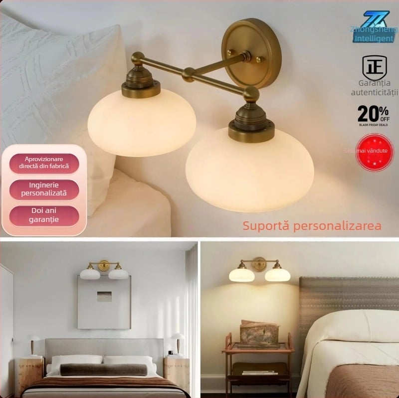 Lampă de perete personalizabilă în stil retro european-american, cu corp din cupru și abajur din sticlă, pentru living, dormitor, sufragerie, lângă pat, birou, baie