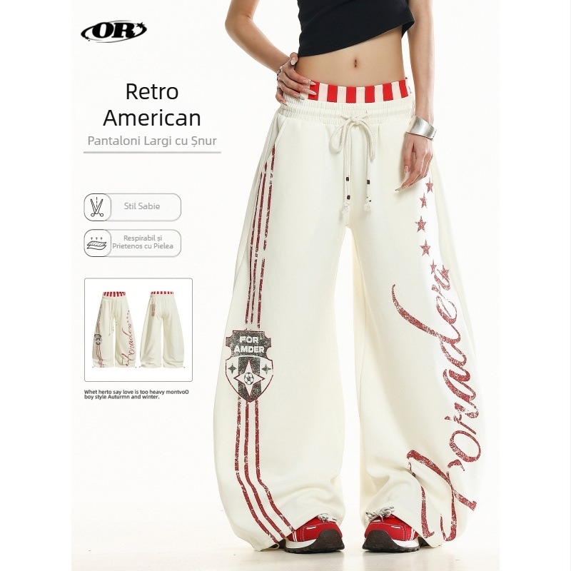 Oreeta Pantaloni jogger sport cu croială lejeră, unisex, cu imprimeu, stil american retro, 65% bumbac 35% poliester