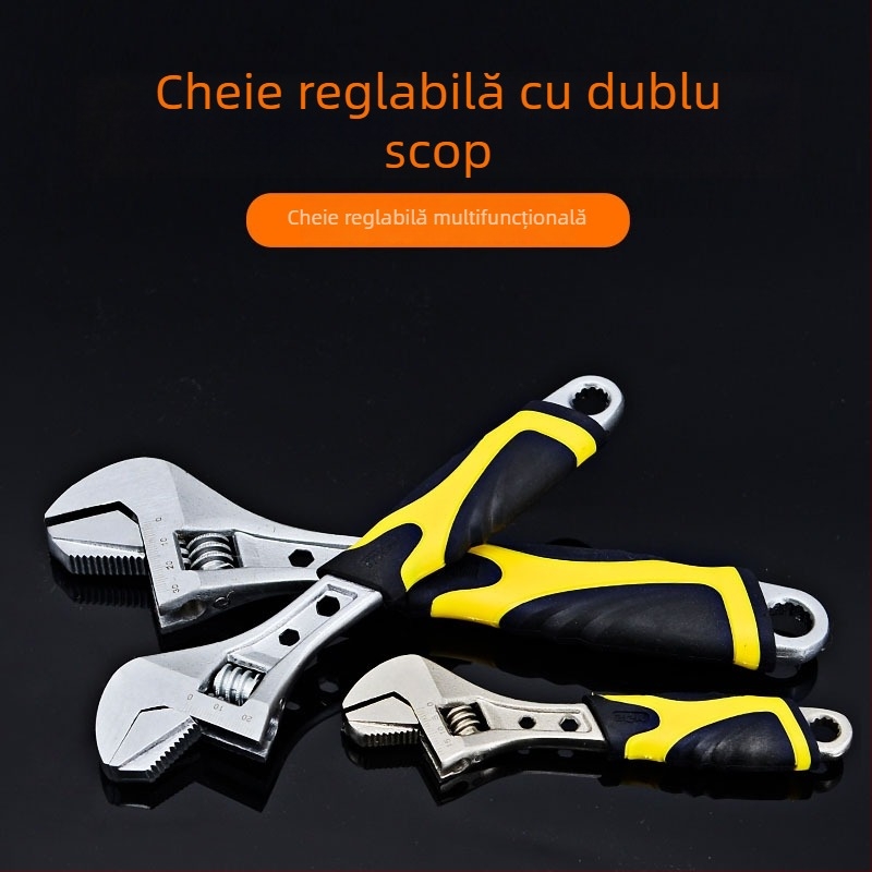 Cheie reglabilă pentru baie, mâner din cauciuc, cu utilizare dublă și deschidere mare, din oțel cu carbon înalt