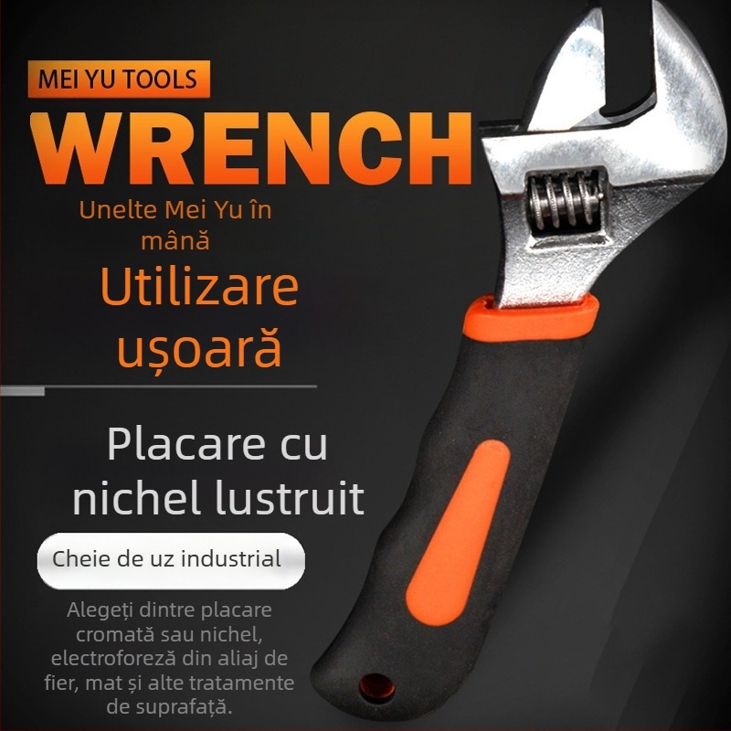 Cheie reglabilă cromată, cu mâner scurt și gură deschisă