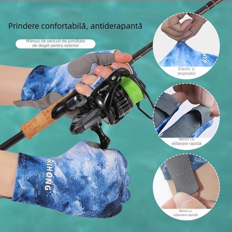 Xihong Mănuși de pescuit de vară, cu deget jumătate, pentru exterior, din nylon, respirante, antiderapante, rezistente la uzură