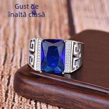 Inel pentru bărbați cu deschidere, safir albastru regal sintetic, design geometric, stil business