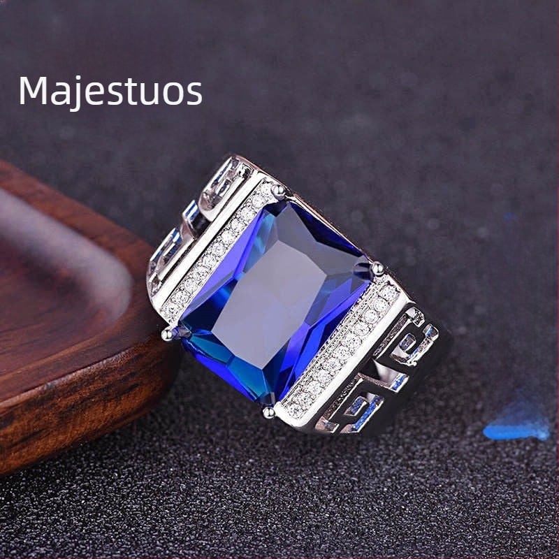 Inel pentru bărbați cu deschidere, safir albastru regal sintetic, design geometric, stil business