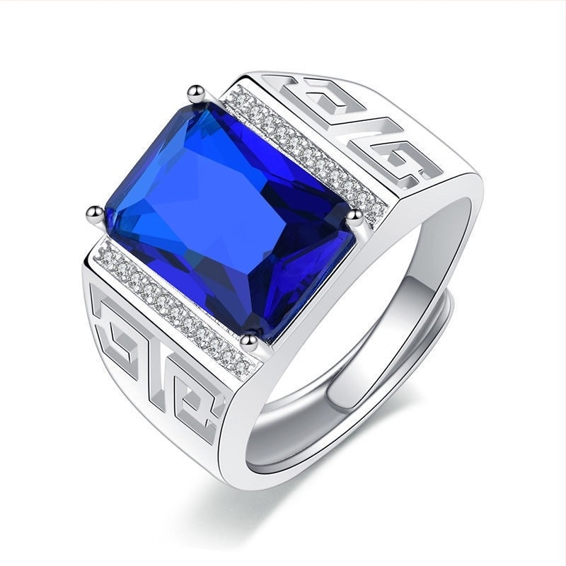 Inel pentru bărbați cu deschidere, safir albastru regal sintetic, design geometric, stil business