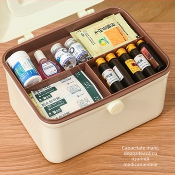 Cutie portabilă pentru medicamente cu închidere de siguranță, dublu nivel, cutie de depozitare multifuncțională, capacitate mare pentru familie și activități în aer liber.