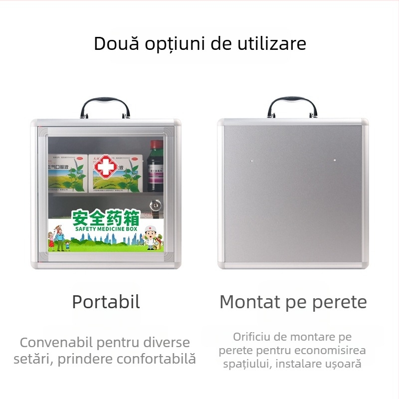 Cutie de prim ajutor montată pe perete din aliaj de aluminiu, cu lacăt – cutie medicală compactă pentru uz casnic