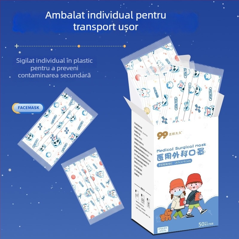 Mască chirurgicală medicală pentru copii, de unică folosință, cu model desen animat, ambalată individual, respirabilă, confortabilă pentru urechi