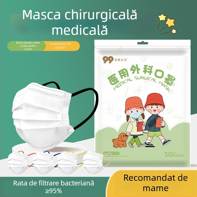 Mască chirurgicală medicală pentru copii, de unică folosință, cu model desen animat, ambalată individual, respirabilă, confortabilă pentru urechi