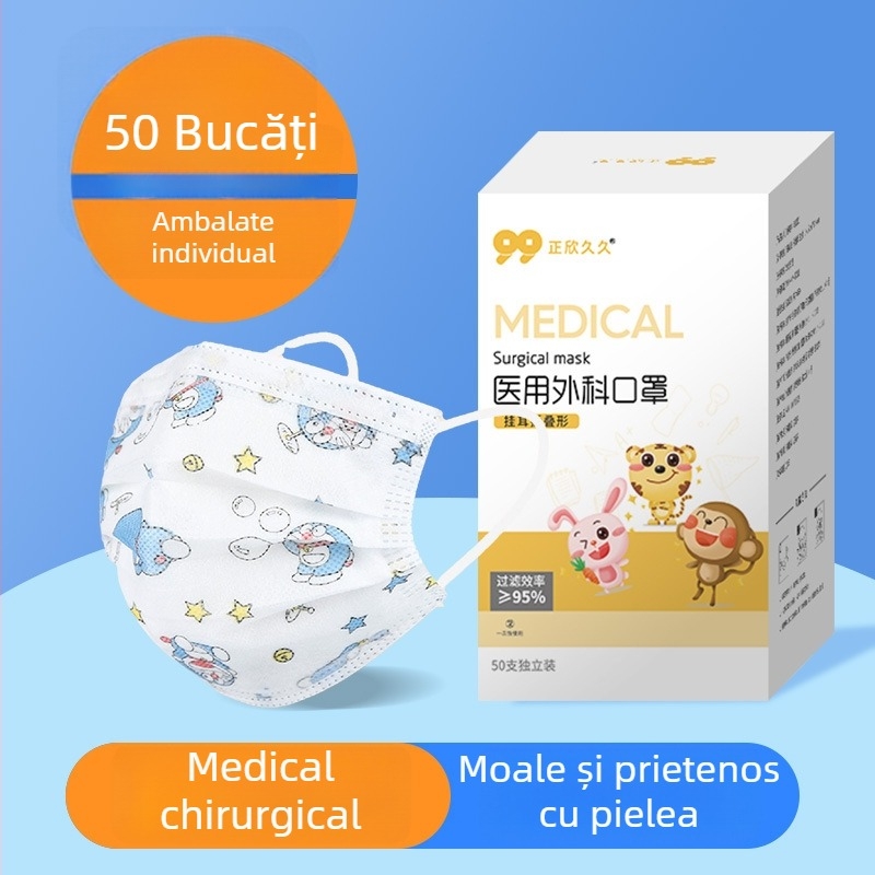 Mască chirurgicală medicală pentru copii, de unică folosință, cu model desen animat, ambalată individual, respirabilă, confortabilă pentru urechi