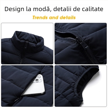 Vesta pentru bărbați ușoară din puf, stil casual coreean, umplutură din puf alb de rață, fermoar frontal, guler înălțat, croială slim, culoare solidă, țesătură din poliester