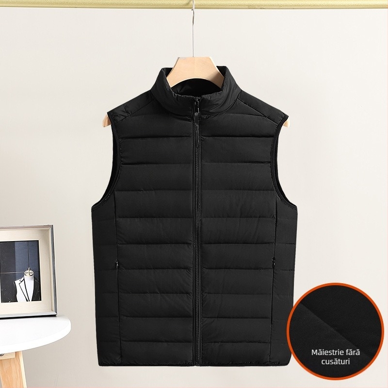 Vesta pentru bărbați ușoară din puf, stil casual coreean, umplutură din puf alb de rață, fermoar frontal, guler înălțat, croială slim, culoare solidă, țesătură din poliester