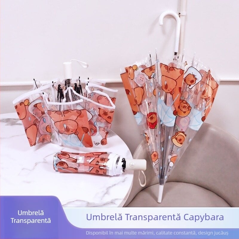 Umbrelă transparentă cu desen animat, 21 inch, manuală, pliabilă, design capibara, ramă cu 8 spițe