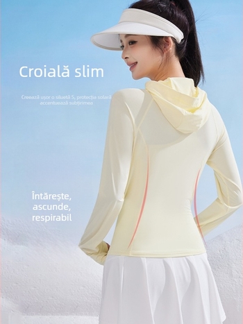 Jachetă UV din mătase de gheață pentru femei, cu glugă, croială slim, pentru yoga în aer liber, talie ajustabilă
