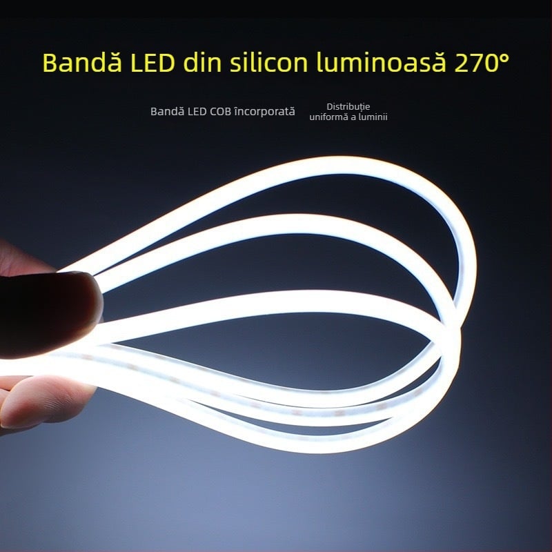 Bandă LED COB personalizată cu unghi de 270°, tip D din silicon flexibil, pentru dulapuri și baie, rezistentă la apă și ceață, 12V, 1000 mm, 480 LED, alb Cald, reglabilă
