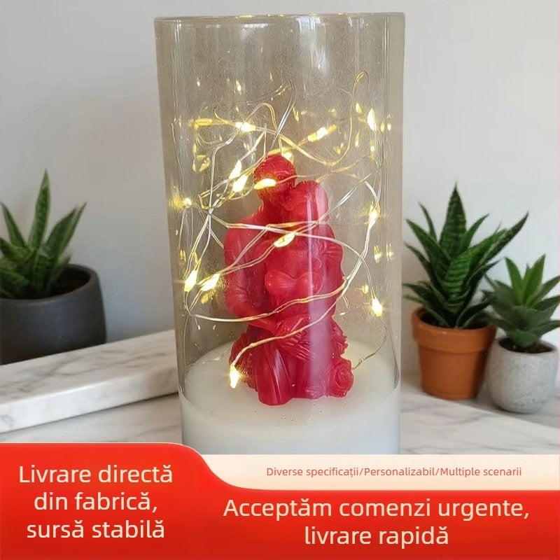 Lumânare LED romantică din acril pentru cuplu, cu șir de flori veșnice, iluminat decorativ de atmosferă de Ziua Îndrăgostiților