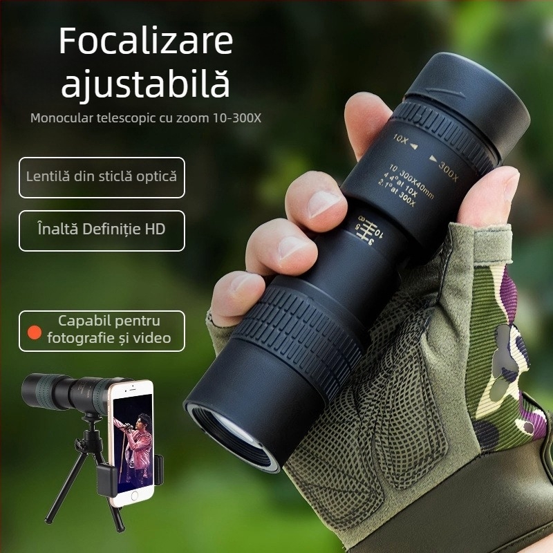 Monoclu optic cu zoom 10-300-40, HD profesional, portabil, pentru fotografii cu telefonul în aer liber