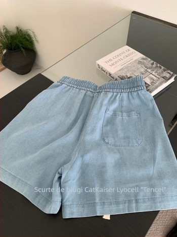 CatKaiser Șorturi denim Lyocell pentru femei – talie înaltă, talie elastică, lungime 3/4, lejer, vară, casual sport