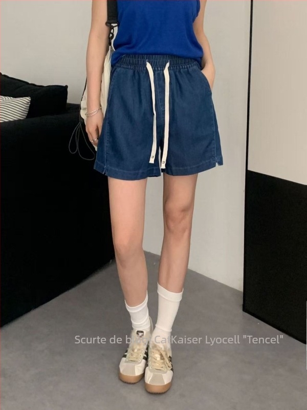 CatKaiser Șorturi denim Lyocell pentru femei – talie înaltă, talie elastică, lungime 3/4, lejer, vară, casual sport