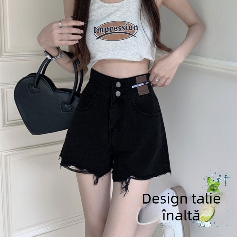 Șorturi denim pentru femei, talie înaltă, croială A, negri, margine franjată, siluetă în formă de pară, controlul taliei, croială lejeră, stil de vară