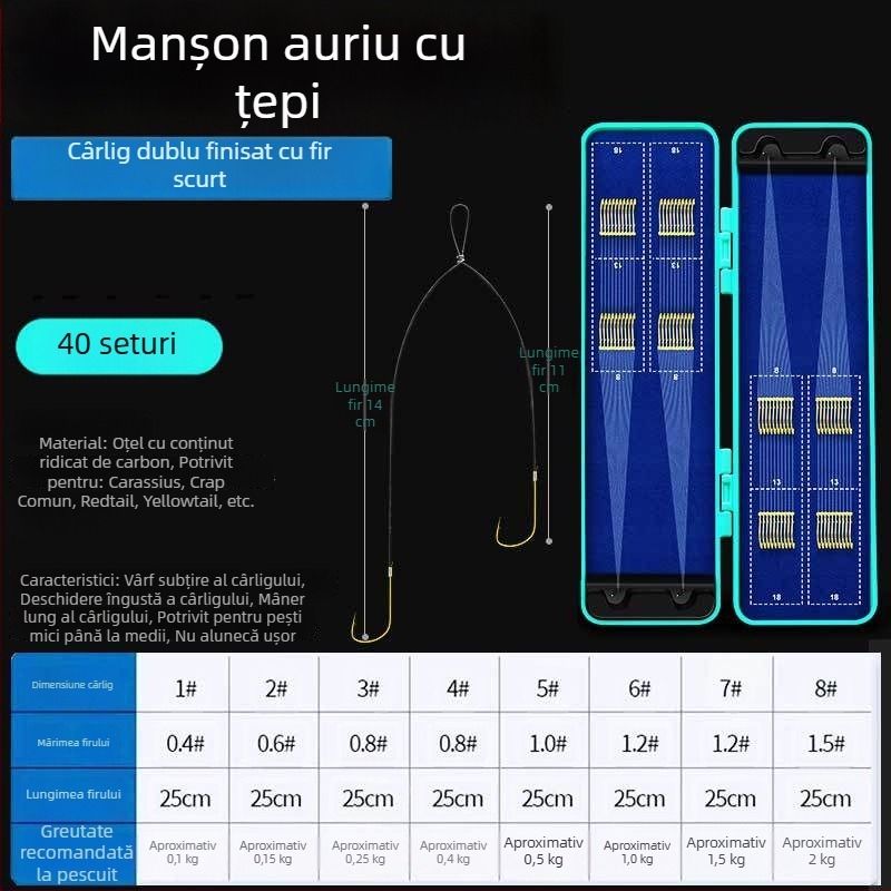 Set de 40 de cârlige dublate Toray, cu fir scurt, legate manual, cu manșete aurii, cu vârfuri cu dinți pentru prevenirea încâlcirii