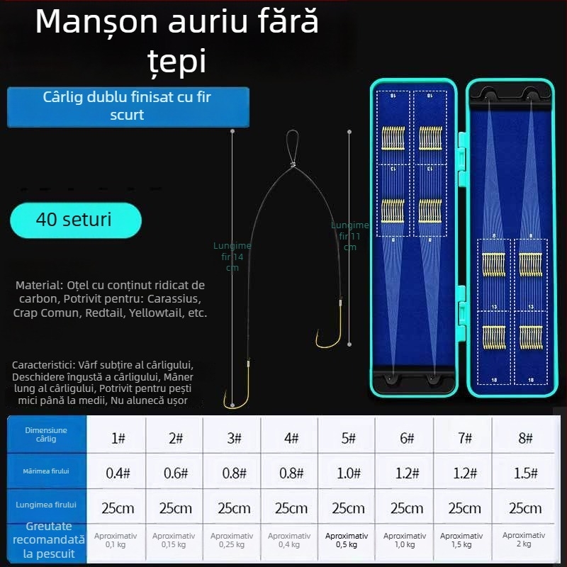 Set de 40 de cârlige dublate Toray, cu fir scurt, legate manual, cu manșete aurii, cu vârfuri cu dinți pentru prevenirea încâlcirii