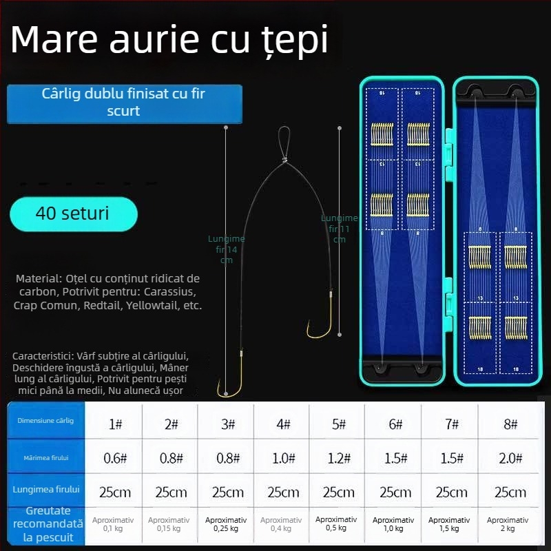 Set de 40 de cârlige dublate Toray, cu fir scurt, legate manual, cu manșete aurii, cu vârfuri cu dinți pentru prevenirea încâlcirii