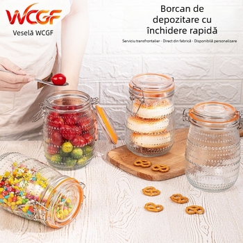 Set de borcane din sticlă cu capac din oțel inoxidabil, model cu buline, 1000 ml, 32 oz, pentru alimente