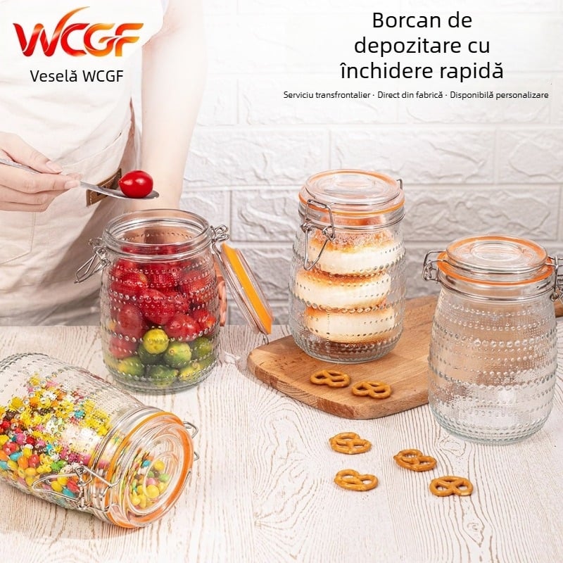 Set de borcane din sticlă cu capac din oțel inoxidabil, model cu buline, 1000 ml, 32 oz, pentru alimente