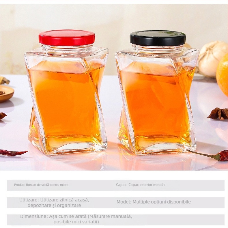 Sticlă de depozitare din sticlă, 500 ml, pentru miere, gem, nuci și cereale