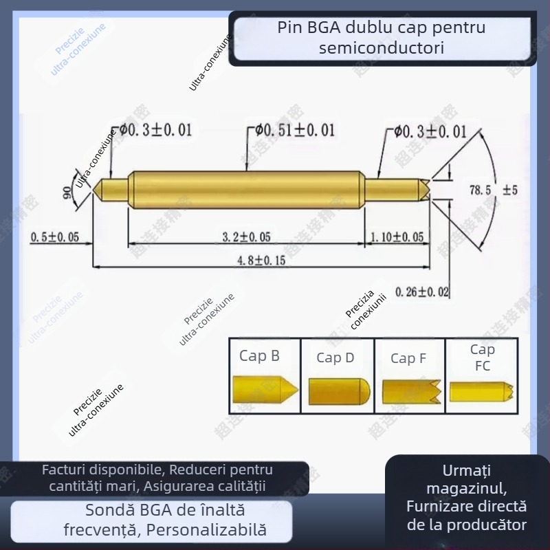 Sondă cu vârf dublu, seria BGA051, sondă de test pentru cip, contact cu arc, sondă semiconductoră, sondă de înaltă frecvență