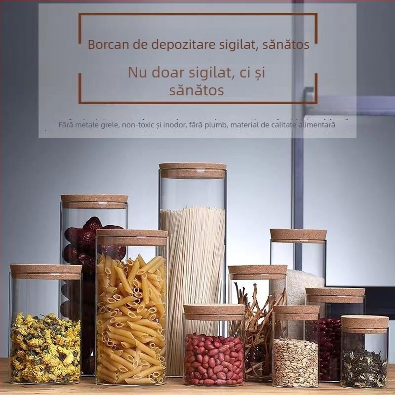 Recipient din sticlă borosilicată, cu capac din lemn – recipient transparent pentru zahăr și ceai