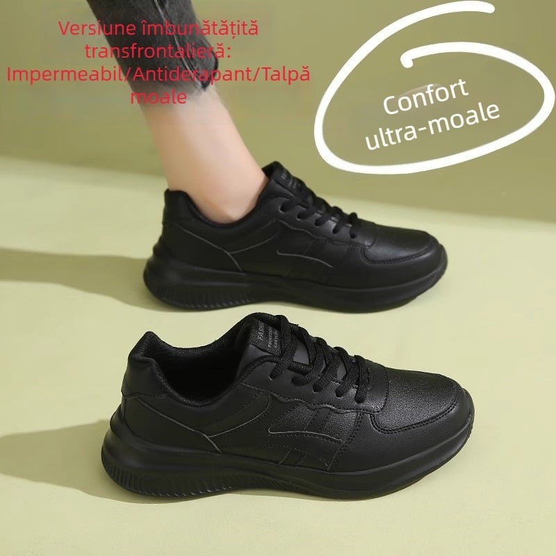 Adidași sport femei din piele neagră, talpă moale, impermeabili și antiderapante, pentru bucătărie și muncă, toamna